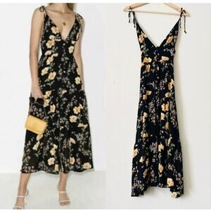 Reformation Jaden Black Floral Tie Strap Midi Dress - Size 2